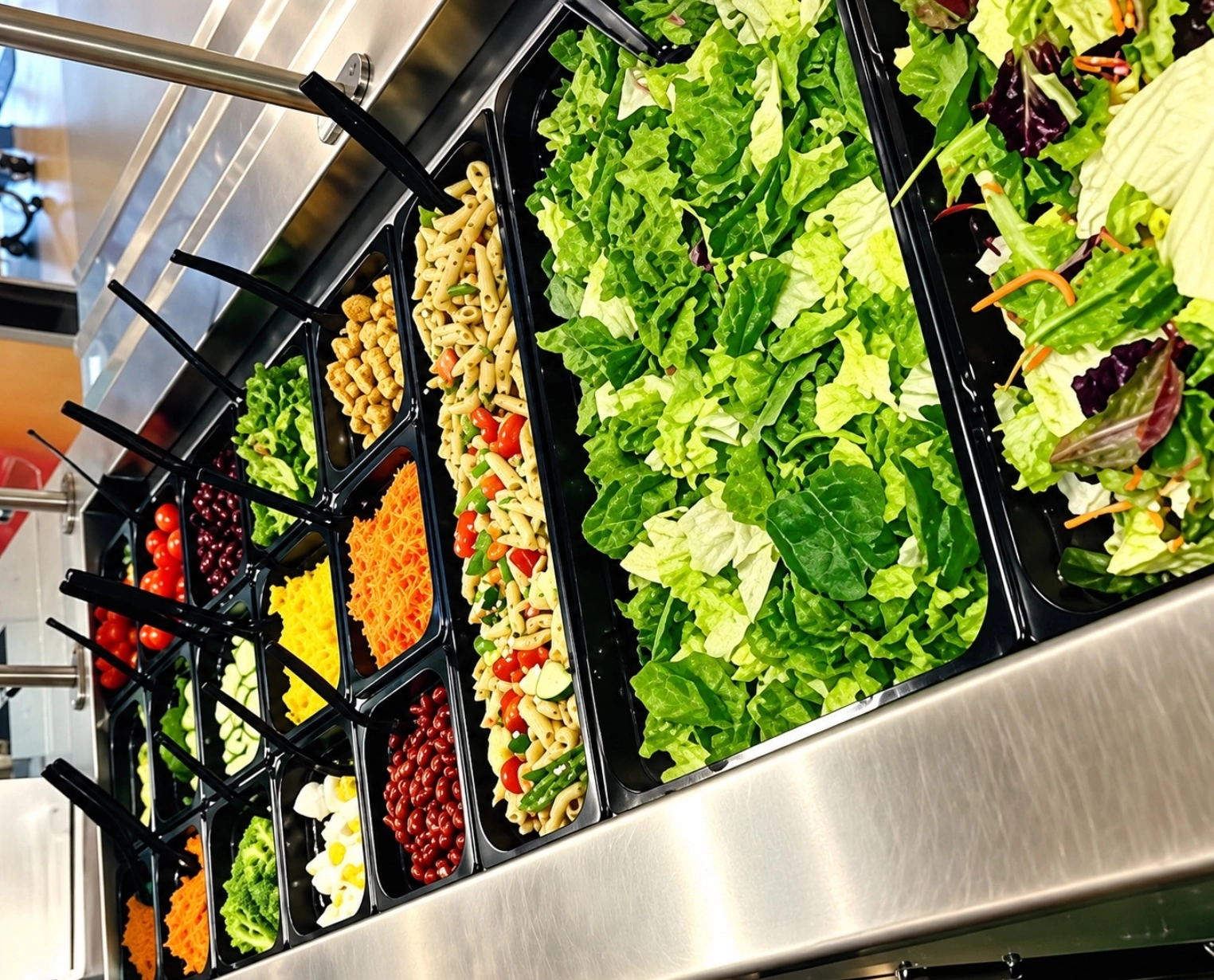 Fresh vegetables, greens and toppings displayed at a school nutrition salad bar